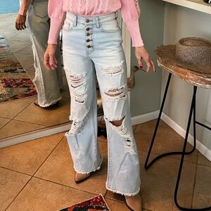 Vibrant Light Blue Distressed Flare Jeans